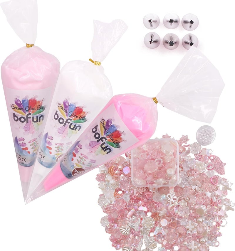 BoFUN 3-Pack Decoden Cream Glue Clay Set for Teens & Adult, DIY Phone Craft Case Craft Kit, with Resin Charms, Piping Tips, Party Birthday Gift Creative Art Supplies (Pink/Pearl) - Image 1